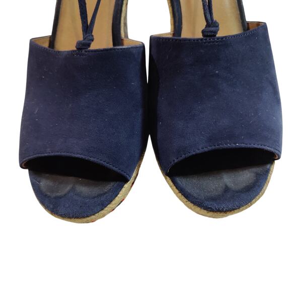 Cabi Women's Sz 8 Isla Navy Orange Espadrille Wedge Suede Sandals Ankle Wrap - Picture 4 of 10